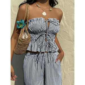 2 pezzi Casual senza colletto <span class=keywords><strong>corto</strong></span> senza maniche abito da <span class=keywords><strong>donna</strong></span> con cravatta-Top in vita arricciata e pantaloni a figura intera - Product Image 1