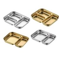 Bandeja Rectangular Dorada de Acero Inoxidable 304 para Aperitivos - Duradera, Pulida, Estilo Coreano, con 2-3 Compartimentos, Portátil, Ecológica, de Grado Alimenticio