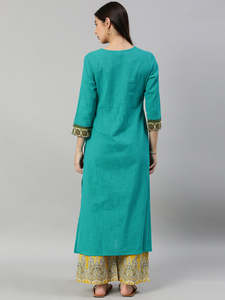 Ensemble Kurta et Palazzo en Coton Slub Cambric Décontracté pour Femme, Longueur Cheville, Motif Floral Teal Imprimé, Respirant, Écologique, Séchage Rapide - Product Image 2