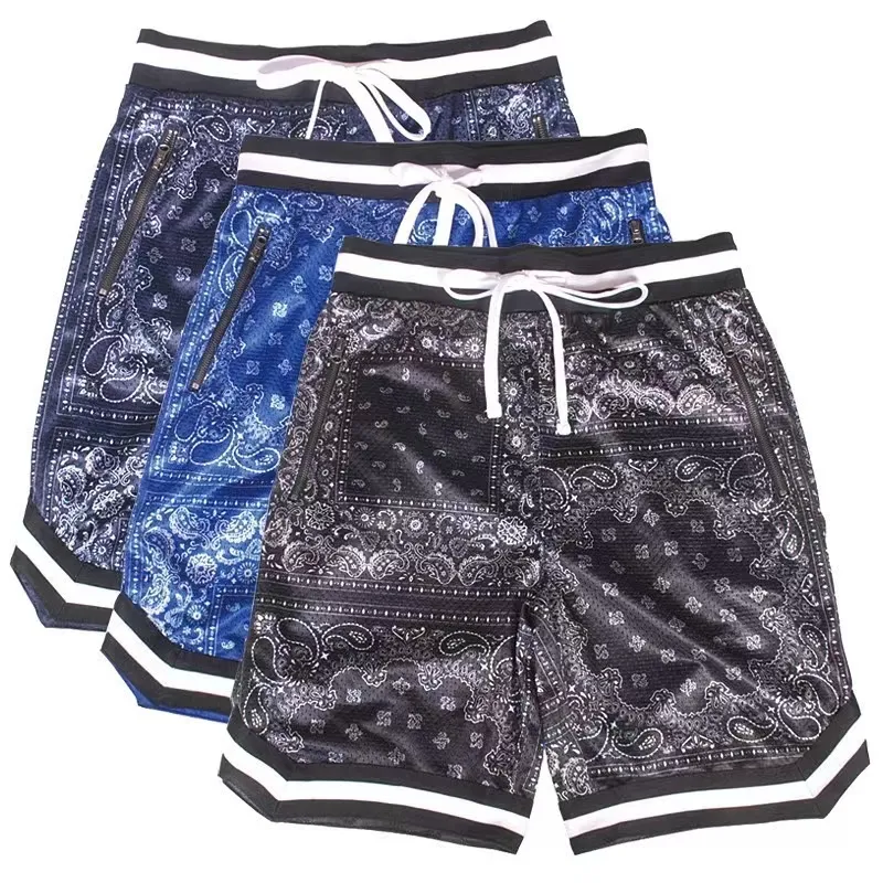 Shorts de basquete de malha estampados personalizados de alta qualidade para homens, shorts de verão de rua vintage, fabricante OEM