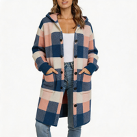 Cardigan long en tricot à carreaux pour femme, style usine, avec capuche, color block, boutons sur le devant, poches, coupe ample et oversize, vintage, pour l'automne