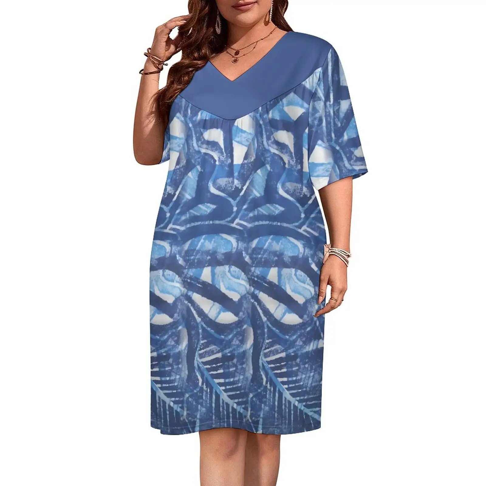 Mumu Sweetheart Neck Short Sleeve Midi Dress Ladies Plus Size Womens Dresses Custom Polynesian Tribal Printed Mumu Dress