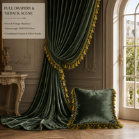 Rideau de luxe en velours vert olive avec franges à pampilles bicolores, rideaux occultants vintage français pour salon