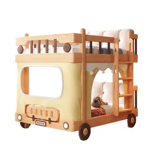Casa de autobús de dos pisos de madera maciza, tienda de campaña, litera para niños con luz LED