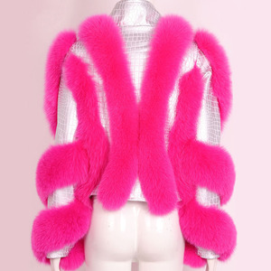 Designer Striped Fox Fur Decor Sheepskin Jacket <strong>Women</strong> Stand Collar Cropped Luxury Genuine Leather Autumn Coat - Product Image 4