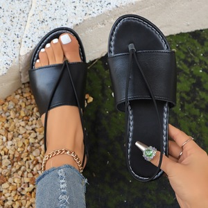 Sandales plates minimalistes pour femmes, à lanières élastiques à la cheville, bout ouvert, semelle souple, chaussures d'été pour le quotidien et les vacances - Product Image 6