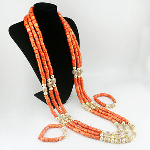 Yulaili, conjunto de joyas de <span class=keywords><strong>coral</strong></span> rojo tradicional africano, collar y pulseras multicapa con detalles en oro - Product Image 3