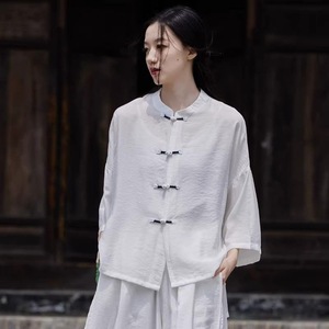 Traditional Chinese Women's Summer Top Navy Blue Cotton Linen Frog Button Loose Fit Tea Dress Sun Protection Air Conditioning - Product Image 2