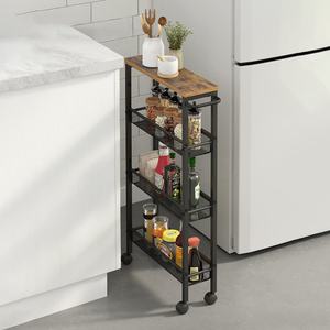 Carrito de Almacenamiento Rodante Estrecho de 3 Niveles, Carro Metálico Utilitario con Ruedas y Superficie de Madera para Cocina y Baño - Product Image 2