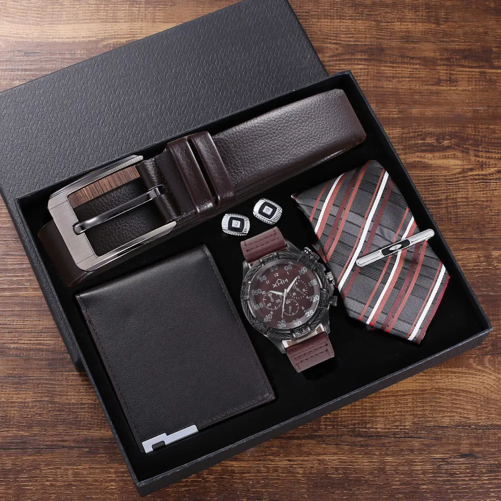 Set hadiah jam tangan untuk pria, 5 buah jam tangan mewah, Set jam tangan kulit kuarsa, jam tangan dan dompet