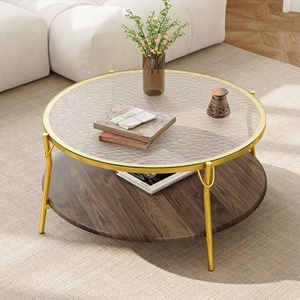 Tavolino da Caffè Moderno Rotondo in Noce a 2 Livelli con Piano in Vetro e Base Dorata per Soggiorno 29.9 - Product Image 1