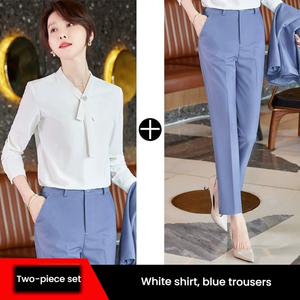 Kemeja Kerah Lipat Lengan Panjang Wanita Bergaris Biru Putih; Blus Lapisan Dasar Pakaian Kerja Model Lurus untuk Musim Gugur dan Musim Dingin - Product Image 3