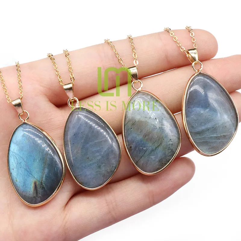 Charming Natural Irregular Labradorite Stone Healing Crystal Gemstone Pendant Necklace Gold Plated Jewelry For Women Accessory