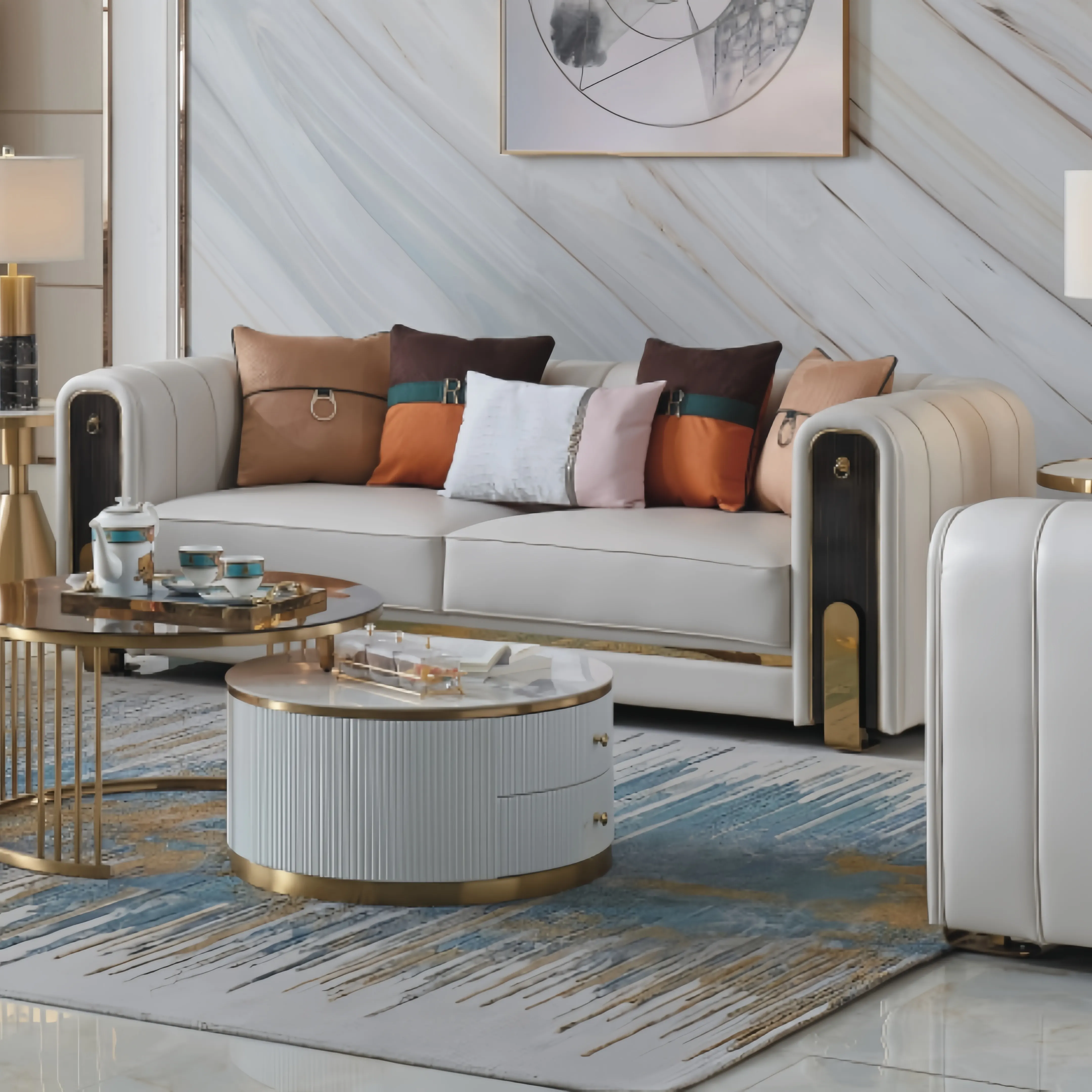 Foshan Metal lüks kanepe kapalı Modern kumaş prim iç otel Villa deri modüler oturma odası mobilya koltuk takımları
