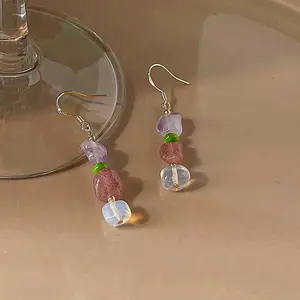 2023 Design Sense Natural Pink Strawberry Crystal Pendant S925 Silver Needle Charm Ear Ornaments Ear Hook Earring