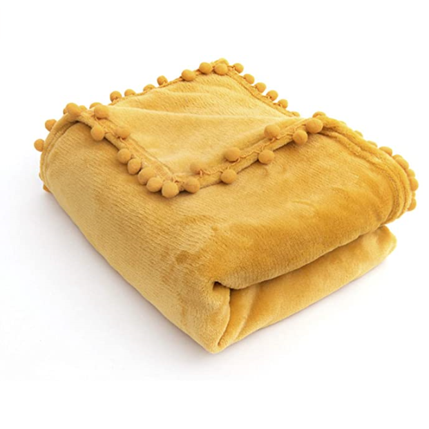 Yellow Flannel Throw Blanket Warm Bed Throws with Pom Cozy Soft Lightweight Microfiber Blanket,