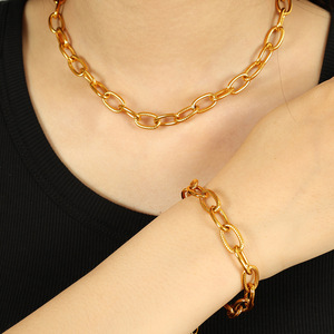 European American Style Gold Plated Oval Chain Necklace <b>Bracelet</b> <b>Set</b> For Everyday Wear Unisex Fashion Jewelry - Product Image 4