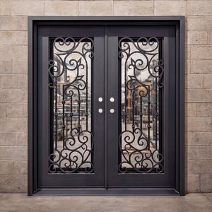 Portes d'entrée en <span class=keywords><strong>fer</strong></span> <span class=keywords><strong>forgé</strong></span> les plus populaires aux États-Unis, ouverture battante, design français, noir, extérieur, prévention incendie, maison - Product Image 1