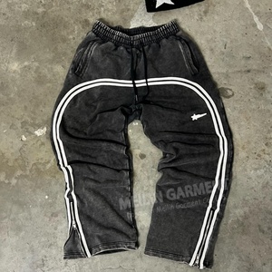 Pantalon de survêtement large en coton 100 % personnalisé, style vintage délavé à l'acide, avec broderie et patch, streetwear décontracté à rayures pour homme – Vente en gros - Product Image 3