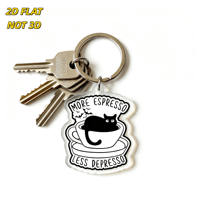 Porte-clés Chat Noir Espresso, Less Depresso, Chat dans Tasse de Café avec Citation Humoristique, Breloque en Acrylique, Accessoire Caffeine Réconfortant