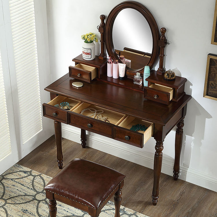 Tocador de 1 metro color nogal, con espejo y taburete.