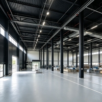 Atelier préfabriqué en structure métallique avec bureau, composants et plans de chantier
