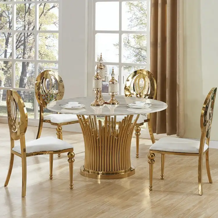 אריחים למעלה שולחן אוכל סט 6 8 כיסאות נירוסטה רגל זכוכית חיצוני עגול אוכל שולחן סט מודרני יוקרה
