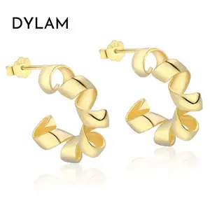 Dylam ต่างหูแบบห่วงชุบทอง18K สำหรับผู้หญิง,ชุดห่วงแบบก้อนใหญ่เงินแท้925ต่างหูบิดชุบทอง18K