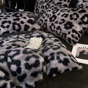 Leopard Print Rabbit Fleece <b>Bedding</b> <b>Set</b> Four Piece Winter Warm Double Sided Flannel Coral Fleece Duvet Cover Sheet <b>Set</b> - Product Image 5