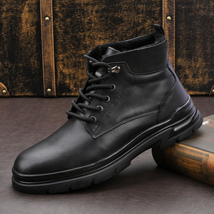Bottes Martin pour hommes en cuir, hauteur cheville, chaudes pour l'hiver, doublées de fourrure, bout rond, à lacets, semelle en caoutchouc, style uni, isolantes - Product Image 1