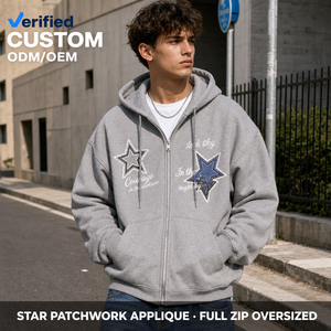 Sudadera con capucha extragrande de 400GSM gris con estampado de letras y apliques de estrellas, cremallera completa y cordón, para hombre, estilo urbano. - Product Image 1