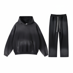 100% algodón 2 piezas Jogger Sweatsuit Streetwear Tech Fleece en relieve lavado ácido Stone Wash 3D impreso Sudadera con capucha chándal bolsillos - Product Image 1