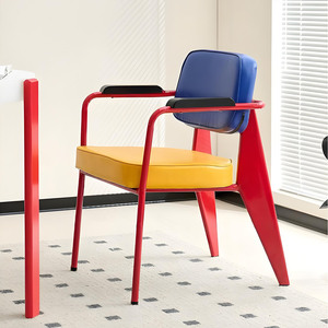 Chaise de salon moderne, siège jaune et bleu, cadre rouge, accoudoirs en métal, rembourrage en mousse, pour la maison, le bureau, les cafés - Product Image 1