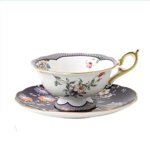 Italain royal purple color bone china flower design coffee cup saucer with custom logo