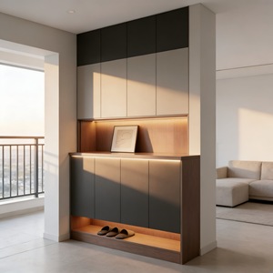 Modern Balcony Cabinet with LED and Open Shelves Walnut Wood Patio <strong>Storage</strong> for Project Custom - Product Image 1