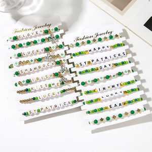 Fashion Jewelry St Patrick <b>Beaded</b> <b>Bracelet</b> Set Letter Charm Lucky Stackable Gift <b>Bracelets</b> Green Gold Zinc Alloy - Product Image 1