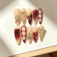 Faux Ongles Press-On Faits Main en Gros, Motif Fleur 3D, Nœud et Strass, Style Stiletto Français, Luxe, Réutilisables, Personnalisables pour Nail Art