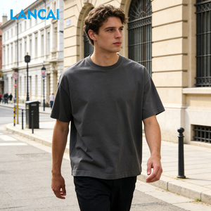 T-shirt épais en coton noir Lancai avec logo personnalisé, impression streetwear, coupe décontractée, épaules tombantes, t-shirt vierge épais - Product Image 1