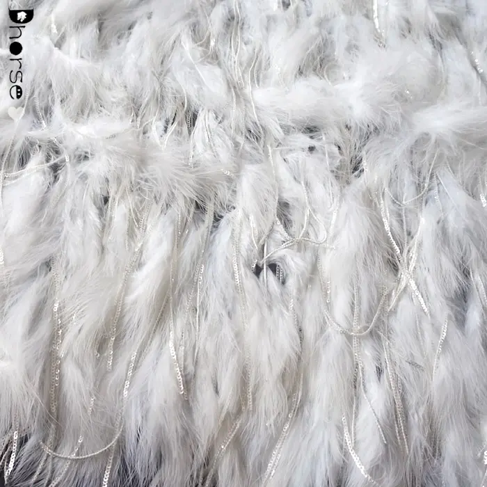 New design top end angel soft white feather fabric lace with bling sequin tassels