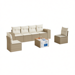 Conjunto de Sofás Modulares de Jardín de Mimbre Sintético, 7 Piezas, Muebles de Exterior, Estilo de Diseño Contemporáneo, Beige - Product Image 1