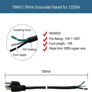 Cable de Alimentación de Repuesto de 6 pies, SJT, Calibre 18, <span class=keywords><strong>3</strong></span> Hilos, Estándar Estadounidense, Cable Pigtail, 110V 125V 120V, Negro, Cable de Extensión - Product Image 4