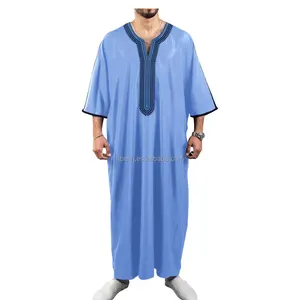 2024 brodé bleu marocain hommes musulman Thobe Robe traditionnel Jibba Abaya vêtements pour hommes jalabiya pour hommes