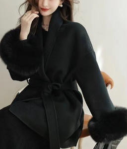 Cappotto Invernale Natalizio da Donna alla Moda in Lana con Pelliccia di Volpe e Cappuccio, Tendenze Giacche da Donna, Lungo Cappotto in Cashmere e Lana con Cintura e Pelliccia - Product Image 6