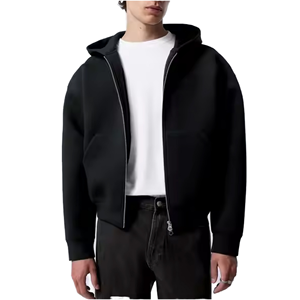 <b>Black</b> <b>Zip</b>-Up <b>Hoodie</b> Oversized Fit Regular Length Solid Color Casual Hooded Sweatshirt 100% Cotton French Terry Knitted - Product Image 1