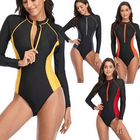 Maillot de bain une pièce à manches longues pour femme, couleur unie, patchwork, protection anti-UV, en Spandex/Polyester, sans couture, imprimé par transfert thermique, séchage rapide