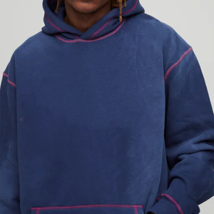 <span class=keywords><strong>Felpa</strong></span> da uomo oversize <span class=keywords><strong>blu</strong></span> <span class=keywords><strong>scuro</strong></span> <span class=keywords><strong>con</strong></span> cuciture rosa-Pullover Casual Streetwear <span class=keywords><strong>con</strong></span> <span class=keywords><strong>cappuccio</strong></span> pesante <span class=keywords><strong>con</strong></span> dettagli a contrasto - Product Image 2