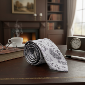 Silver Paisley Patterned Italian Handmade Tie for Men Adult Made in Turkey - Product Image 2