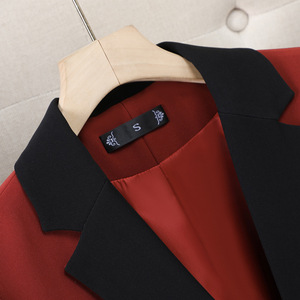 Women's Red Blazer With Black Lapel And Cuffs Slim Fit Solid Color Wool Blend Suit Top For Office Wear - Product Image 4