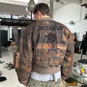 Veste en jean punk personnalisé de haute qualité DIZNEW streetwear faire vieux tie dye avec fermeture éclair épais bomber pour hommes