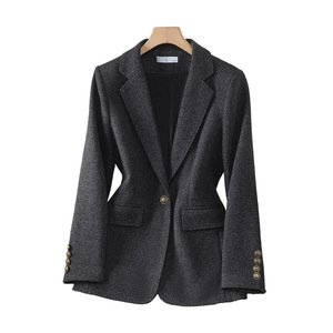 Women's Wool Blazer Light Gray Solid Color Anti-Wrinkle Casual Elegant Autumn Winter Suit Jacket Petite Fit - Product Image 5